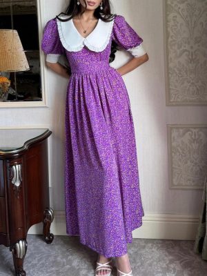 French Peter Pan Collar Floral Tie Neck Dress