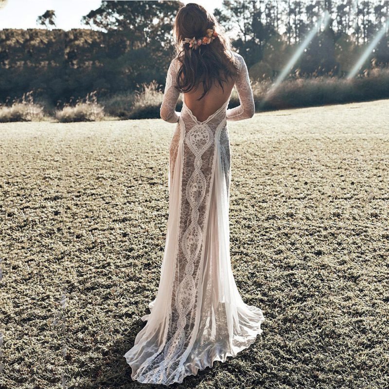 Spring Lace Hollow Out Backless Long Sleeve Dress - Image 2