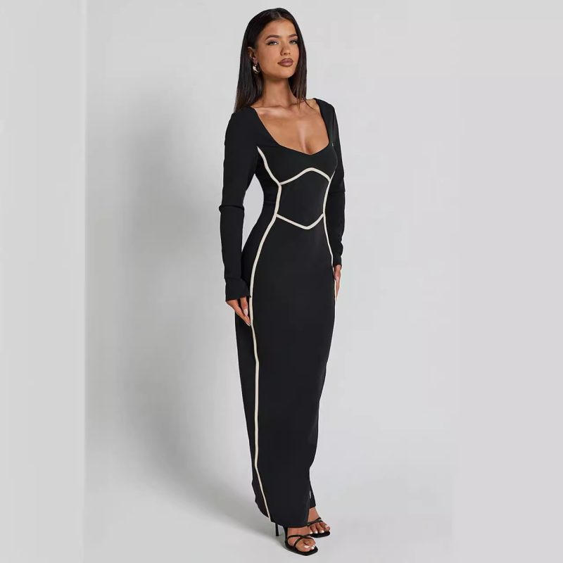 Knitted Backless Long Sleeve Patchwork Women Dress - Image 2
