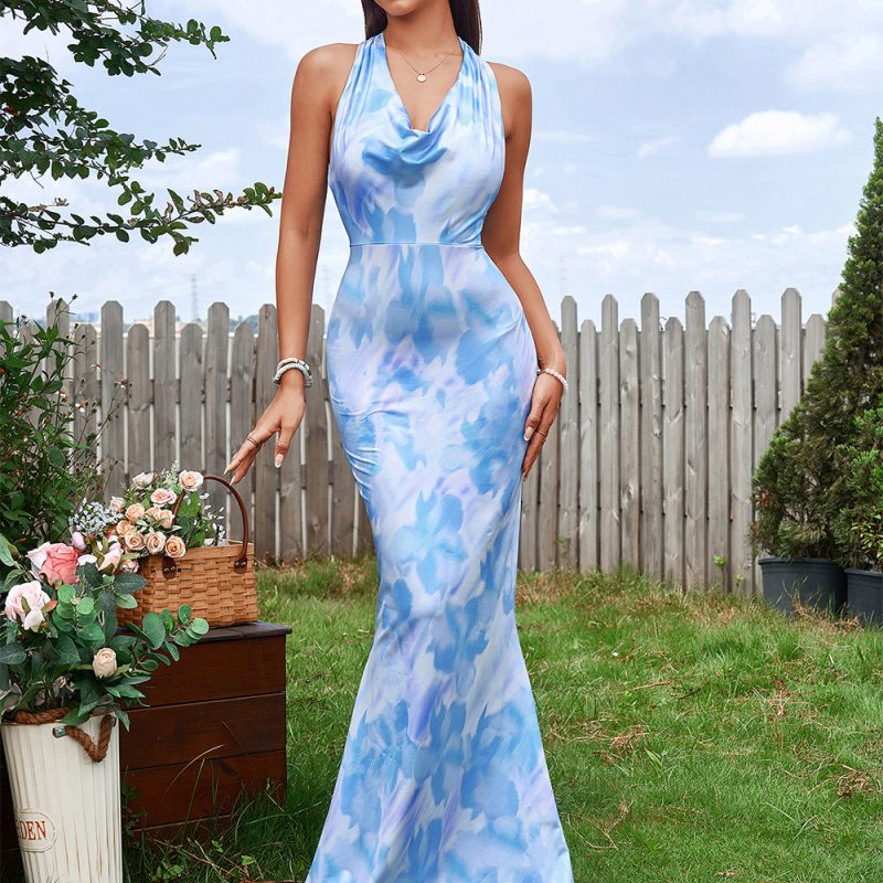 Printed Halter Backless V-Neck Fishtail Dress