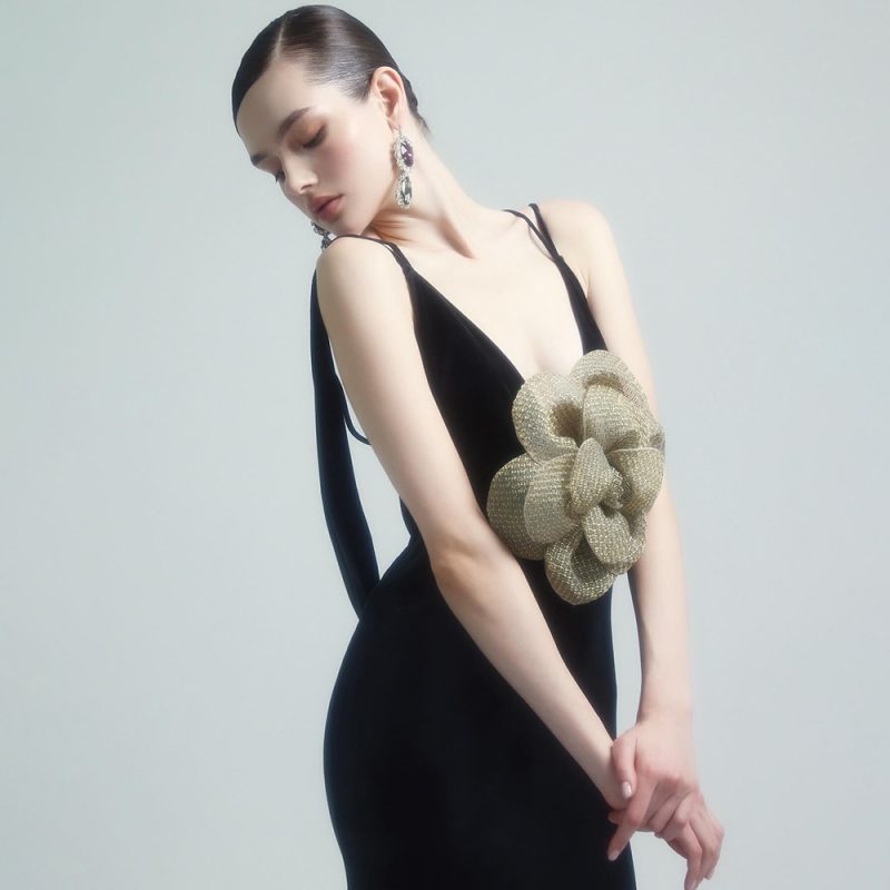 Black Backless Camisole Maxi Dress with Golden Floral - Image 2