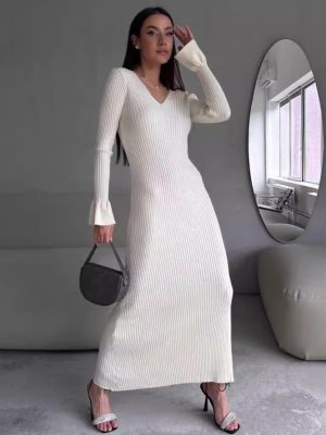 Women’s Long Sleeve Knitted Ribbed Winter Dress