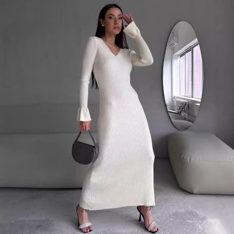 Women’s Long Sleeve Knitted Ribbed Winter Dress