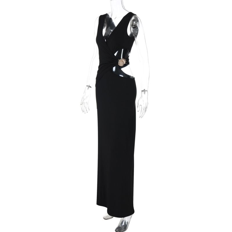 Summer Solid Color V-Neck Cutout Maxi Dress - Image 3