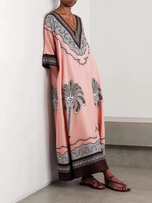 Summer V Neck Printed Loose Satin Holiday Dress