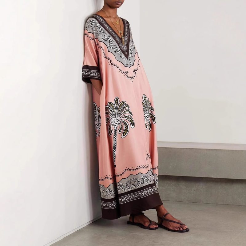 Summer V Neck Printed Loose Satin Holiday Dress