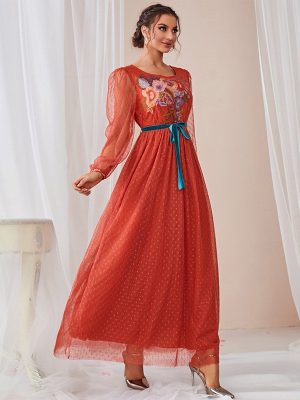 Autumn Patchwork Mesh Tie Waist Casual Dress