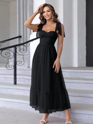 Fashionable Lace-Up Shoulder Mesh Evening Dress Women