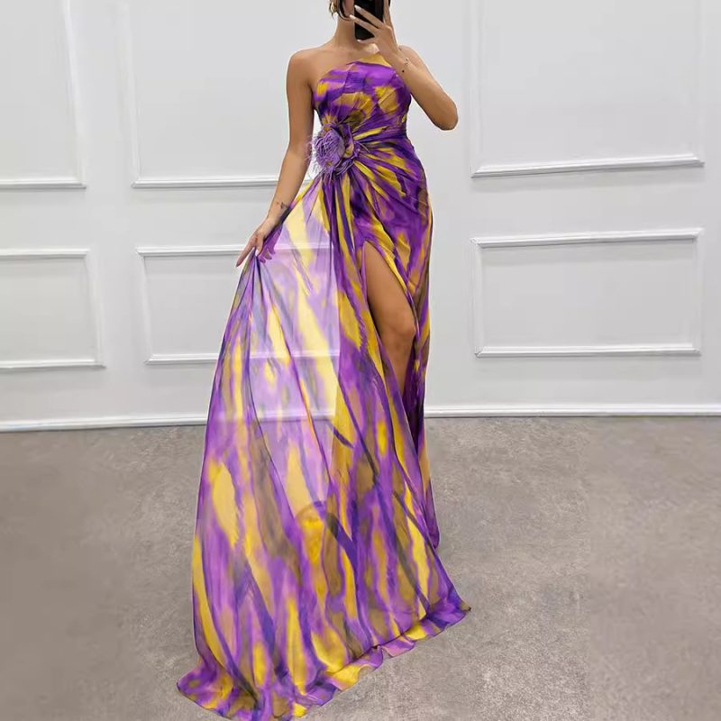 Chiffon Floral Print Long Slit Party Dress - Image 3