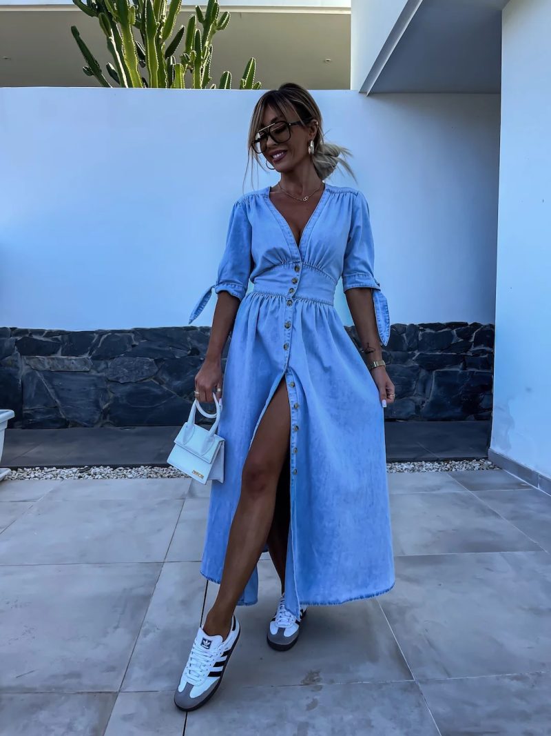 V Neck Button Front Long Denim Dress - Image 4