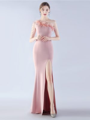 Beaded Ostrich Feather Satin Long Evening Dress