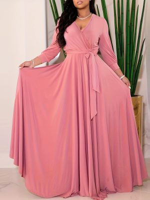 Elegant Women’s V-Neck Solid Color Maxi Dress