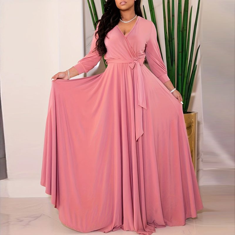Elegant Women’s V-Neck Solid Color Maxi Dress