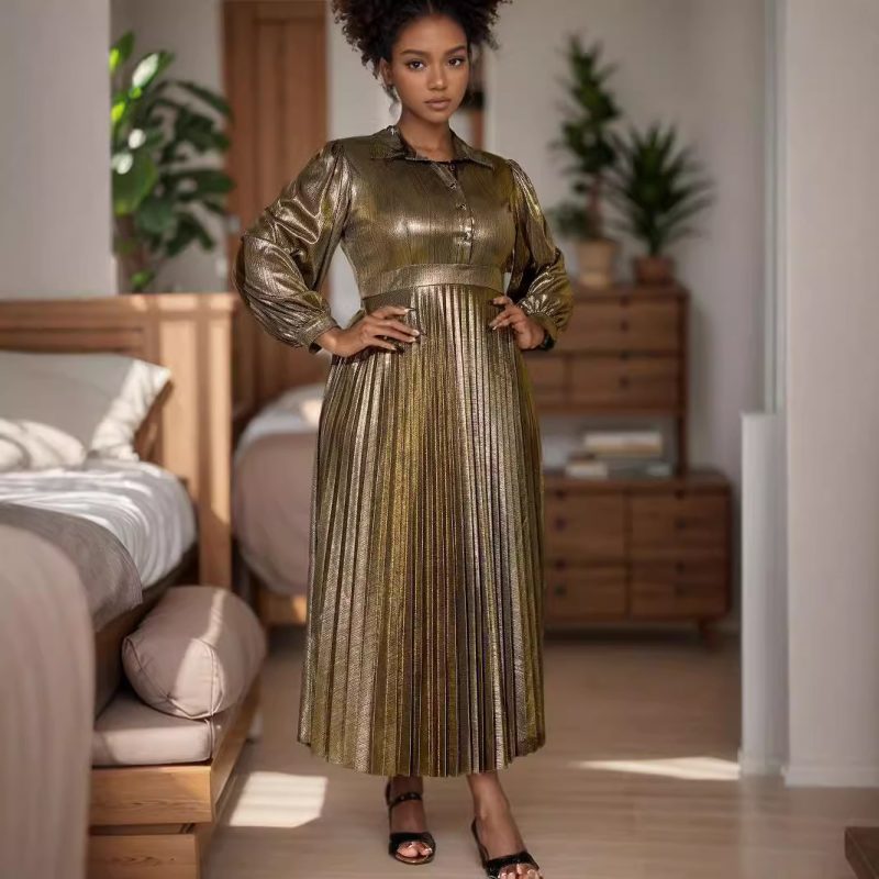 Elegant Pleated Lantern Sleeve Cocktail Party Dress