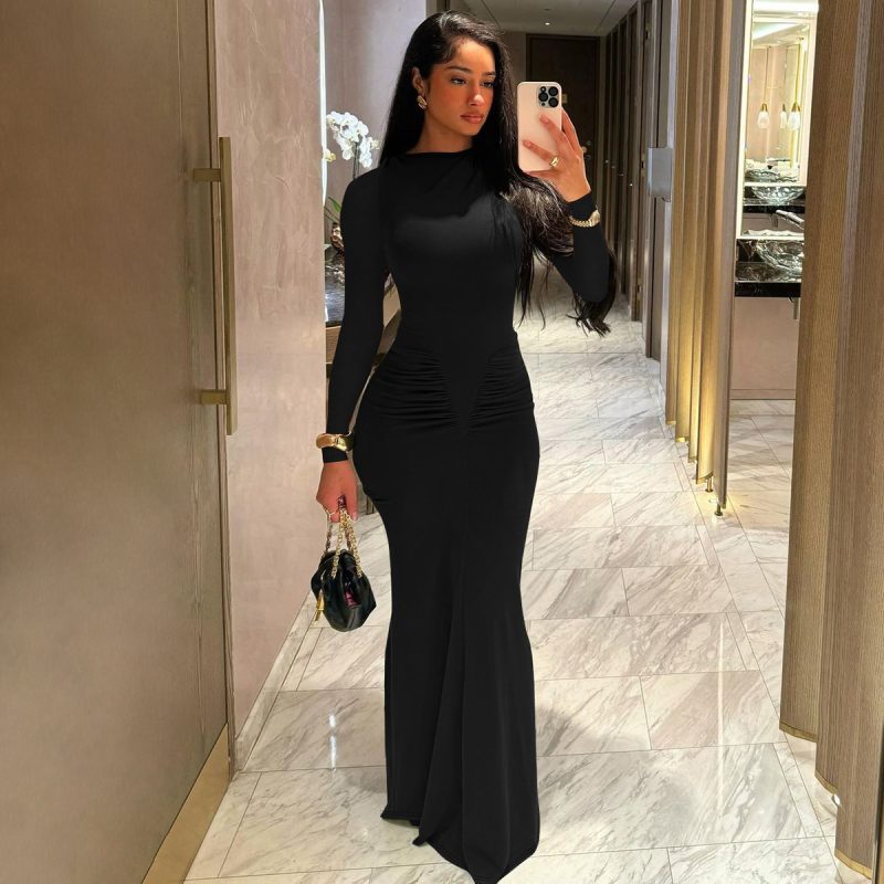 Women’s Summer Slim Pleated Long Sleeve Dress - Image 4