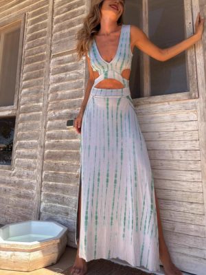 Summer Printed V-Neck Split Long Vest Dress