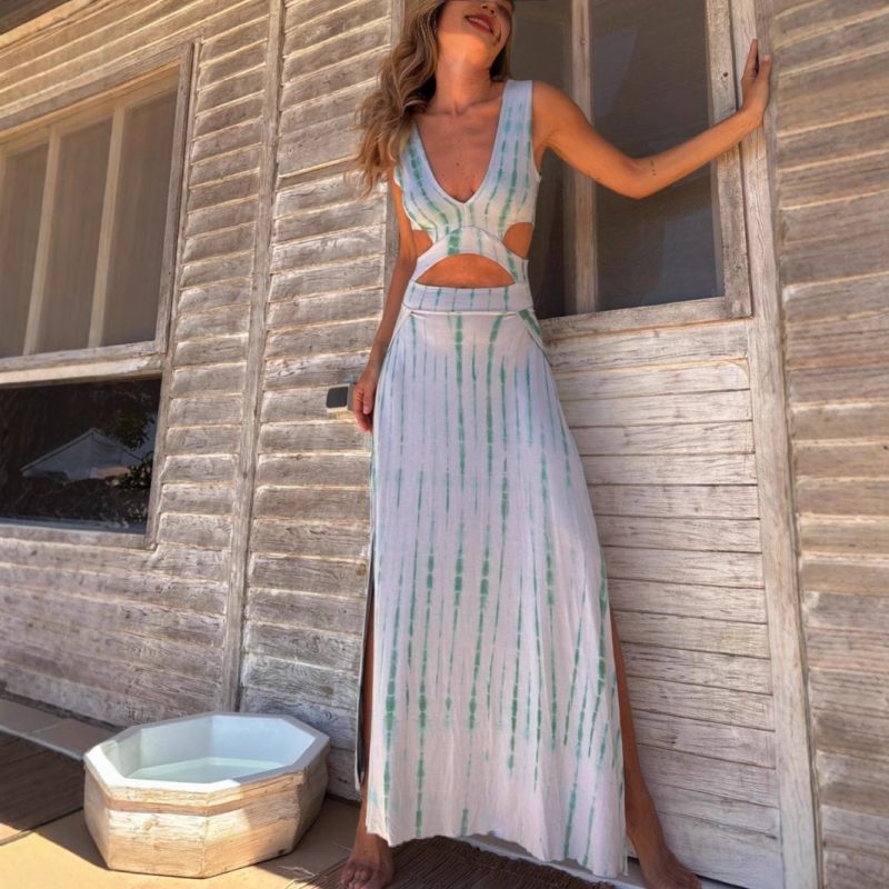 Summer Printed V-Neck Split Long Vest Dress