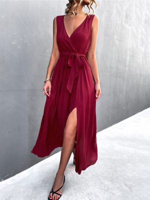 Spring Summer V-Neck Cross Strap Split Dress