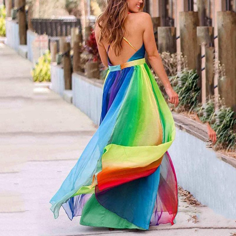 Spring Summer Deep V Rainbow Chiffon Sling Dress - Image 3