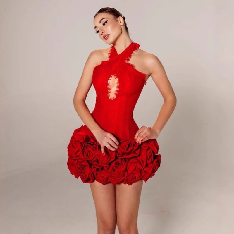 Halter Backless Red Floral Lace Mini Dress