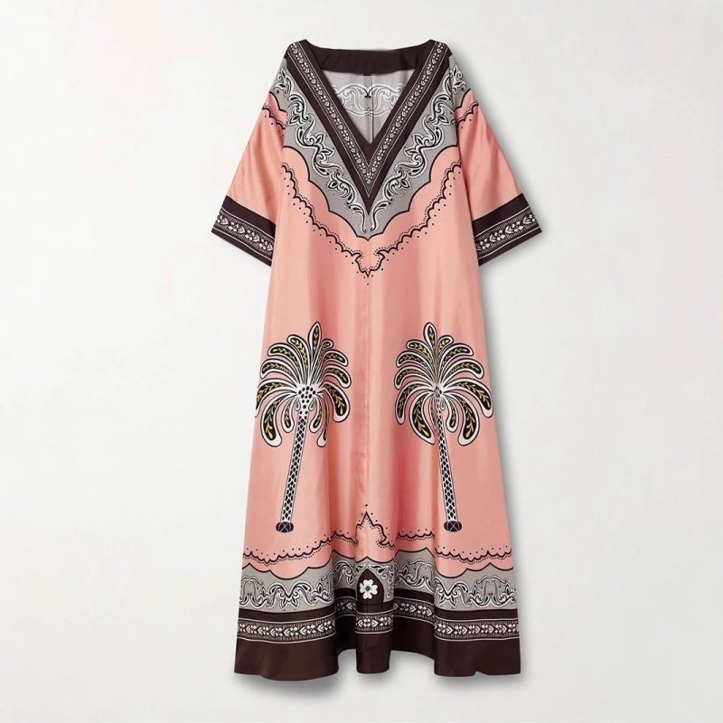 Summer V Neck Printed Loose Satin Holiday Dress - Image 3