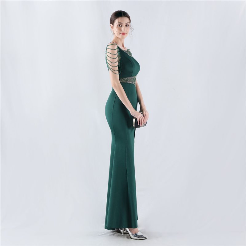 Embroidered Satin Evening Dress with Sheer Mesh Detail - Image 4