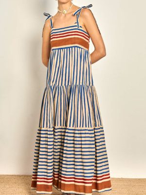 Vacation Printed Contrast Color Lace-Up Sling Dress