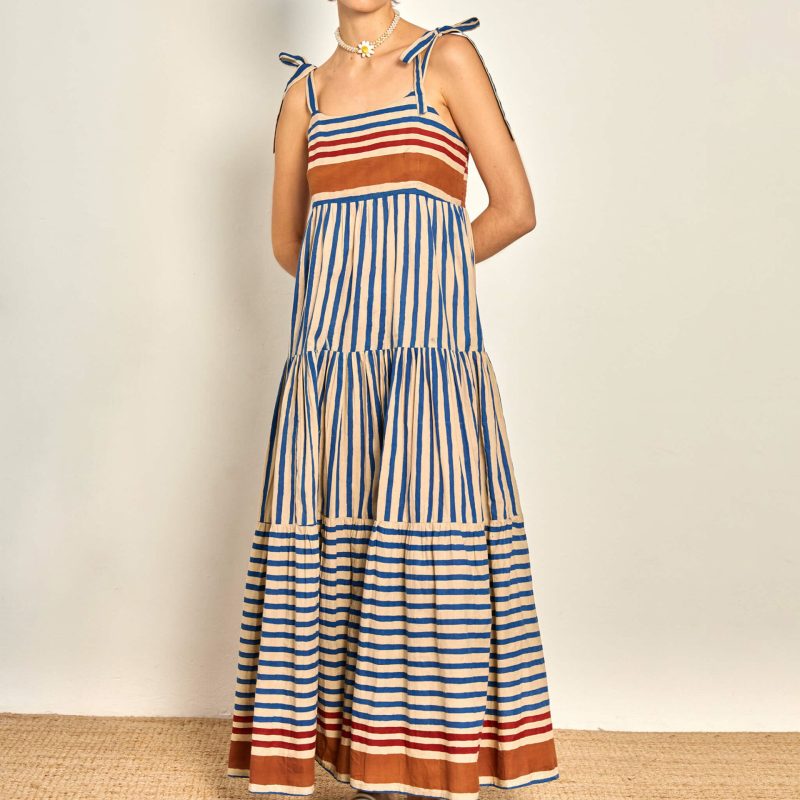 Vacation Printed Contrast Color Lace-Up Sling Dress