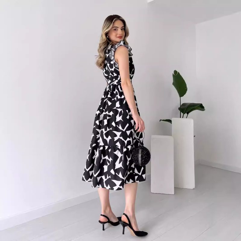 Elegant V-Neck Printed Midi Dress with Lace-Up - Image 2
