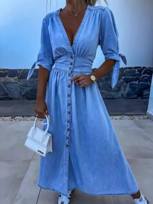 V Neck Button Front Long Denim Dress