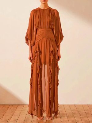 Elegant Ruffled Maxi Dress with Pleated Long Sleeves
