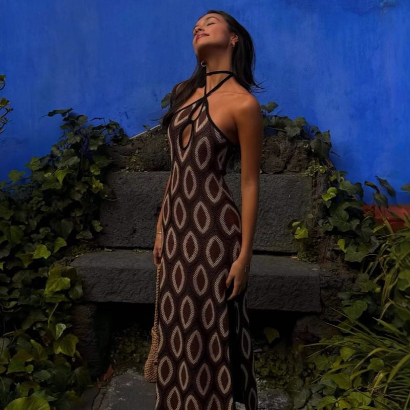 Bohemian Halter Backless Hollow Out Split Dress