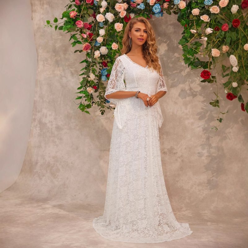 Women’s Deep V-Neck Long Sleeve Lace Dress - Image 3