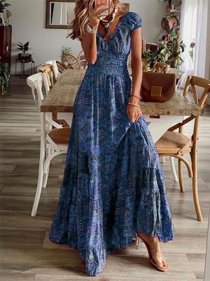 Bohemian Floral Print V Neck Maxi Dress
