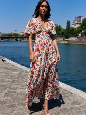 Autumn Floral V-Neck French Maxi Flared Dress