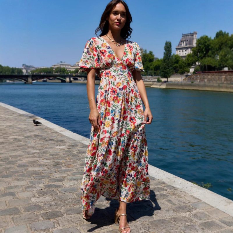 Autumn Floral V-Neck French Maxi Flared Dress