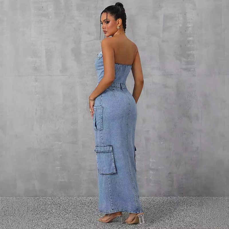 Casual Tube Top Denim Dress with Pockets - Image 4