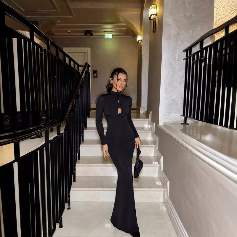 Elegant Floral Cutout Long Sleeve Maxi Dress - Image 3