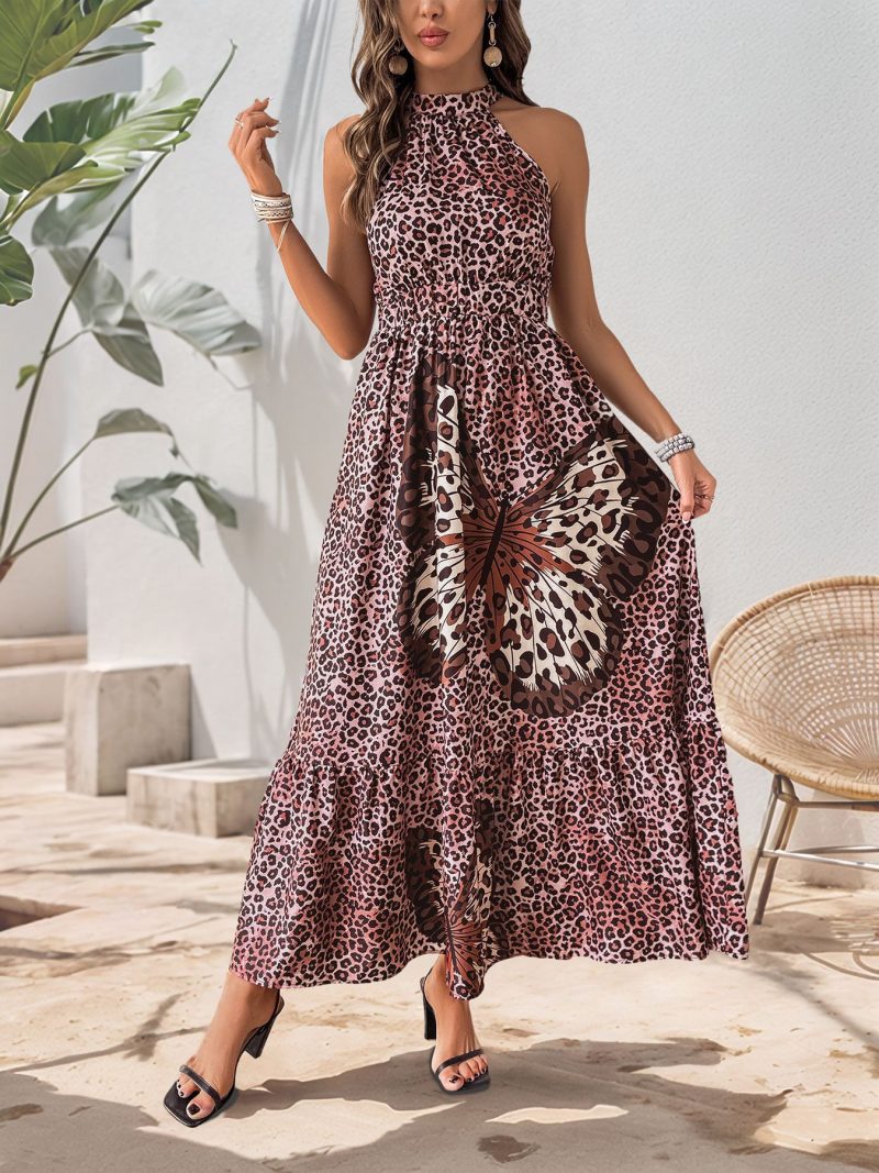 Elegant Halter Sleeveless Butterfly Leopard Print Dress - Image 2