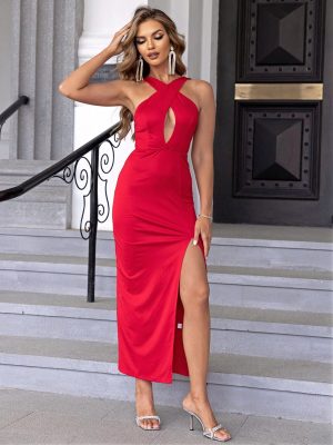 Fashionable Off-Shoulder Halter Cross Split Dress