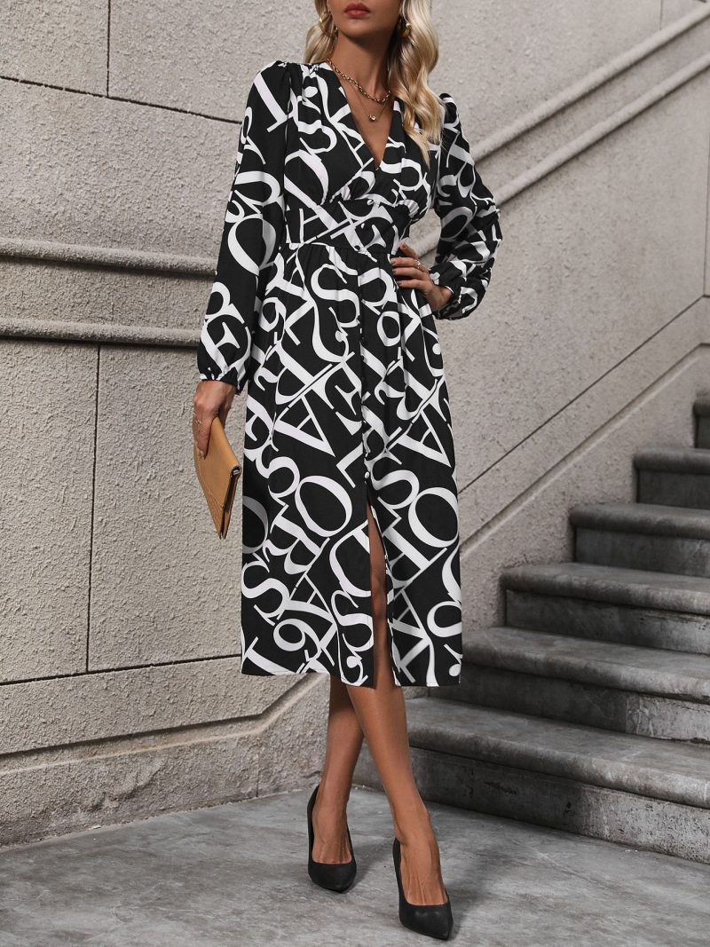 Autumn Winter Geometric Print Long Sleeve Dress - Image 3