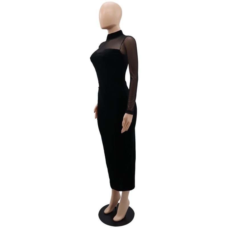 Long Sleeve Mesh Patchwork Slim Fit Dress - Image 3