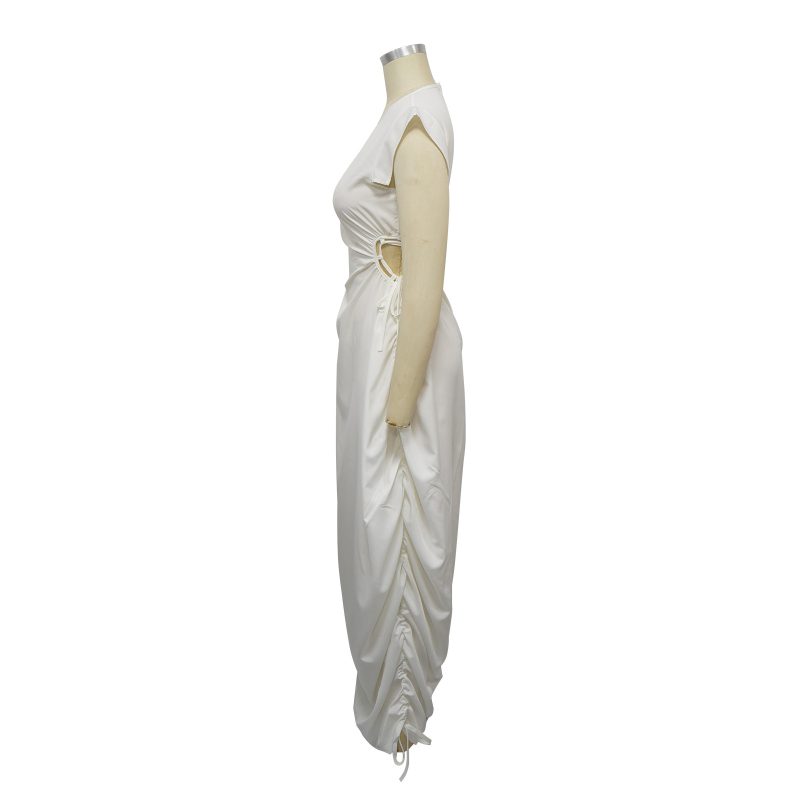 Summer Solid Color Round Neck Waist Dress - Image 3
