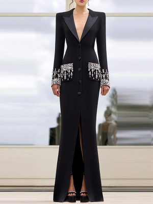 Luxury Beaded Diamond Tailored Collar Fishtail Dress