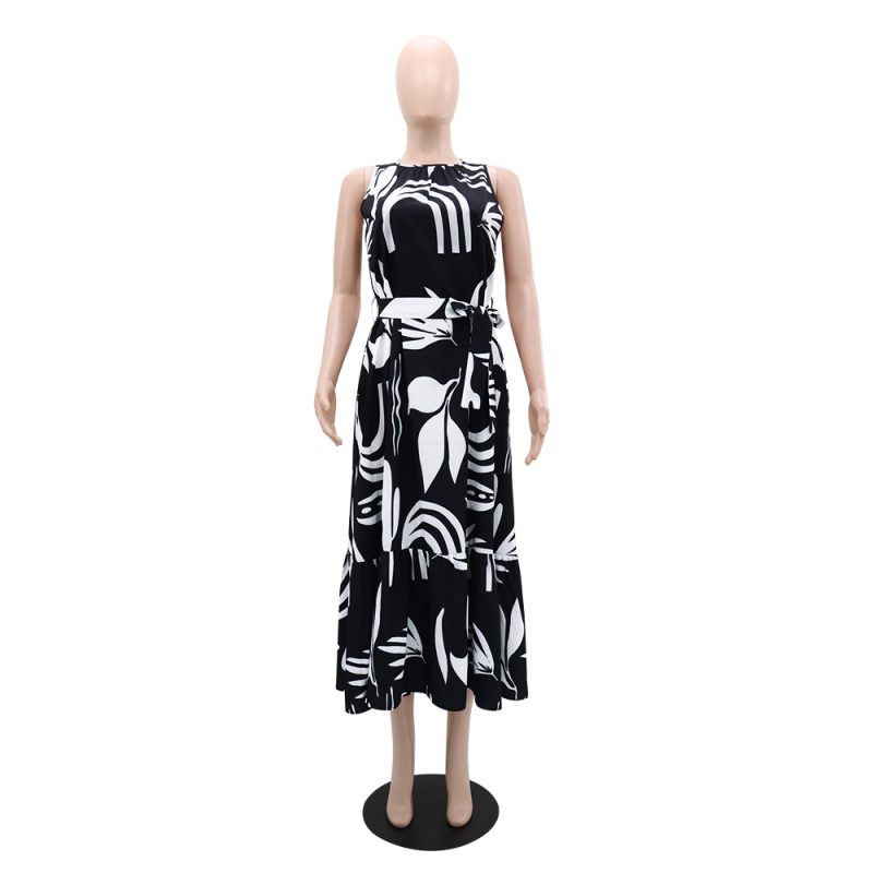 Asymmetric Print Sleeveless High Waist Slim Tie Dress - Image 3