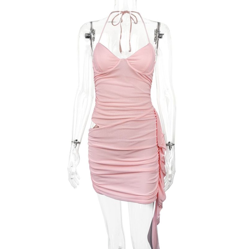 Summer Solid Color Tied Halter Mesh Short Dress - Image 3