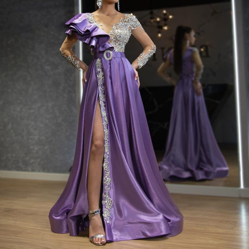 Luxury Purple Gold Satin Sequin Evening Gown - Image 2