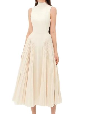 Summer Stand Collar Pleated Patchwork Waist Long Dress