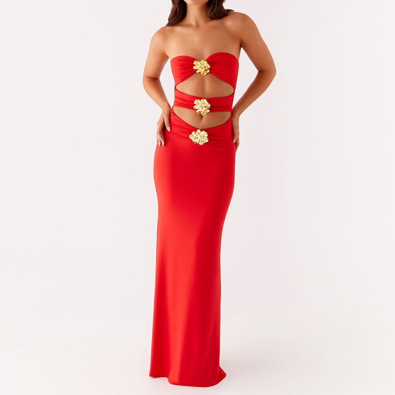 Summer Off Neck Metal Floral Cutout Maxi Dress