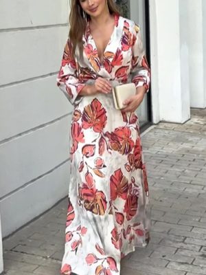 Women’s Autumn Printed Deep V Maxi Dress